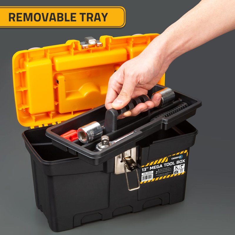 CANOPUS Plastic Toolbox, 13-inch Portable Mega Tool Box with Metallic Clutch, Tool Organizer with Extra Storage Tray for Home Tools, Nails and Pins, Black-Yellow