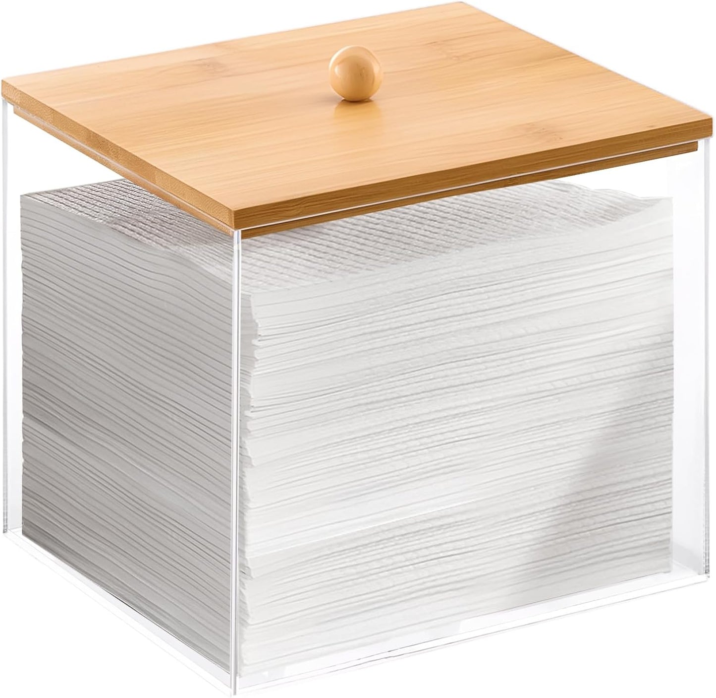 Acrylic Disposable Facial Towels Holder - Clear Storage Bin with Wood Lid | Bathroom Counter Organizer