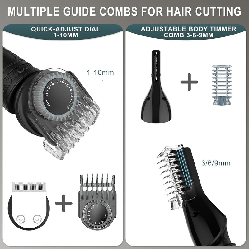 Scttomon Beard Trimmer for Men Professional Mens Beard Grooming Kit T-Blade Trimmer Electric Shaver Razor Nose Body Trimmer Hair Cutting Kit Cordless 7 in 1 Black