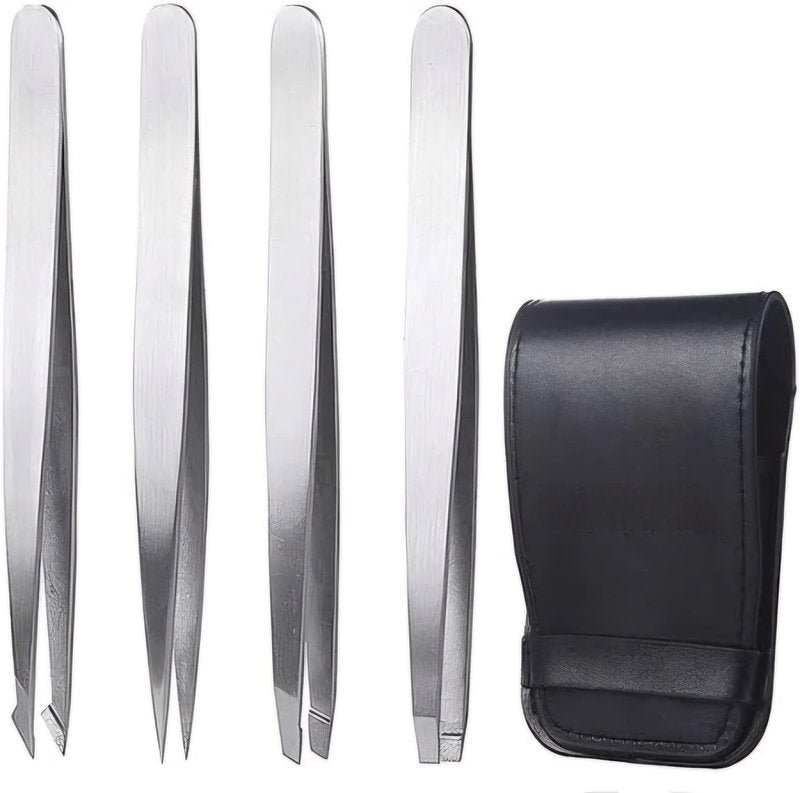 4-Piece Stainless Steel Tweezer Set - Tweezers for Eyebrows, Precision Tweezer Set for Women & Men - Ingrown Hair Tweezer, Long Lash & Eyelash Tweezers, Tweezers for Crafting (Silver)