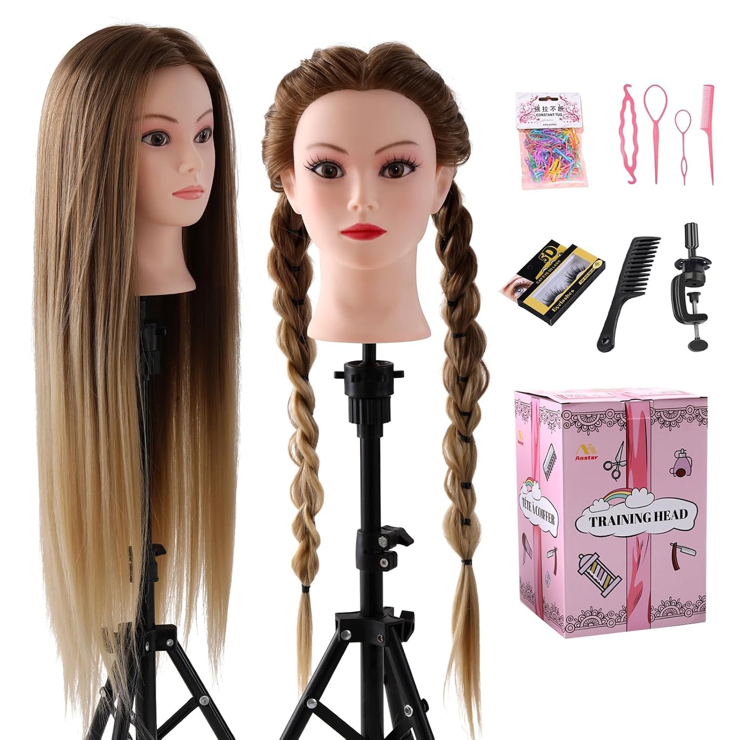Mannequin Head with Hair - Cosmetology Practice Doll for Hair Styling & Braiding | Includes Table Clamp & DIY Styling Set