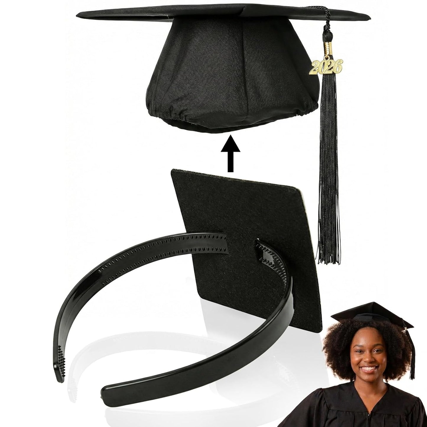 Black Graduation Cap Headband Insert - Firm Anti-Fall Hair Band for Secure Cap & Hairstyle | 1 Pack