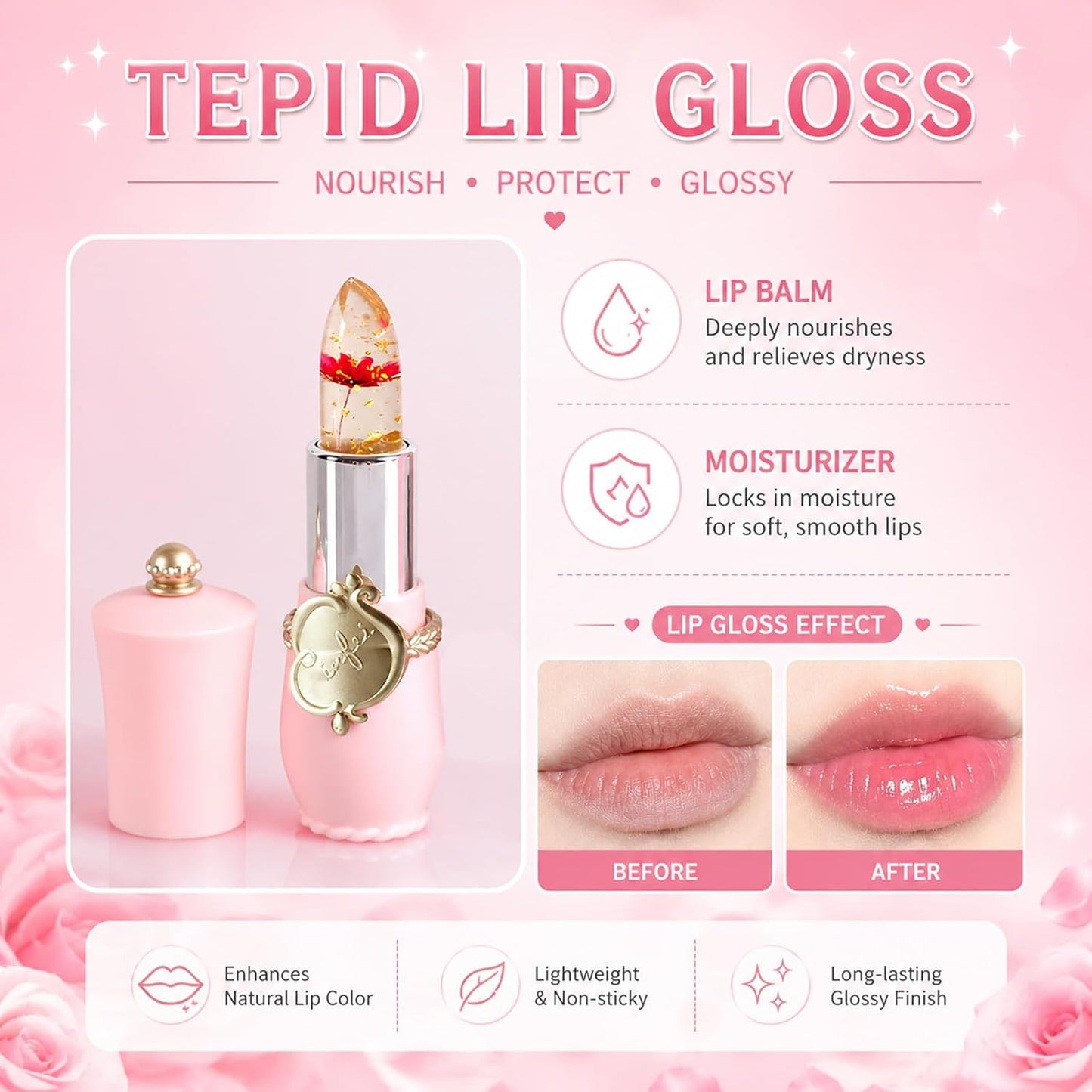 Crystal Flower Jelly Lipstick - Pack of 6 | Long-Lasting Color-Changing Lip Balm for Moisturized Lips | Perfect Gift for Women