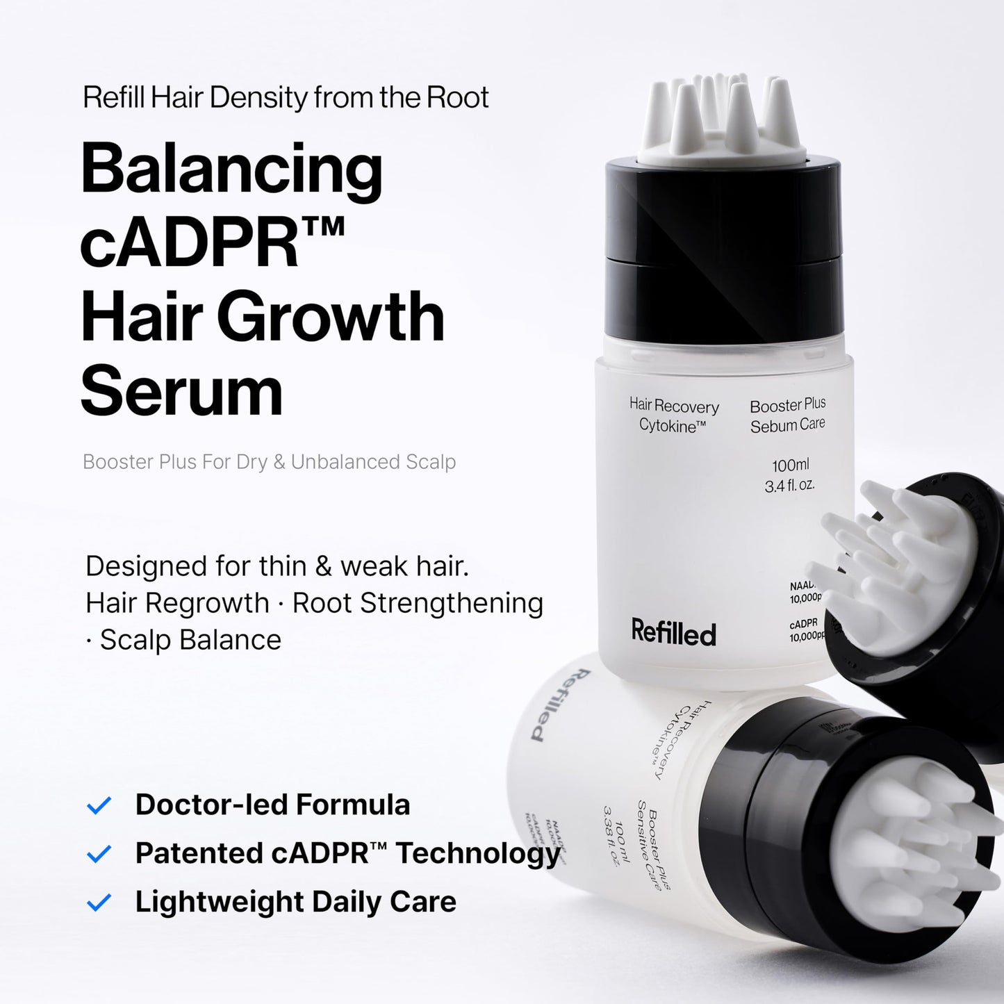 Refilled cADPR Booster Plus Balancing Hair Growth Serum | Lightweight Moisture Scalp Care for Thin & Weak Hair | Non-Greasy Care with Built-In Scalp Massager | Cytokine, Biotin for Dry Scalp