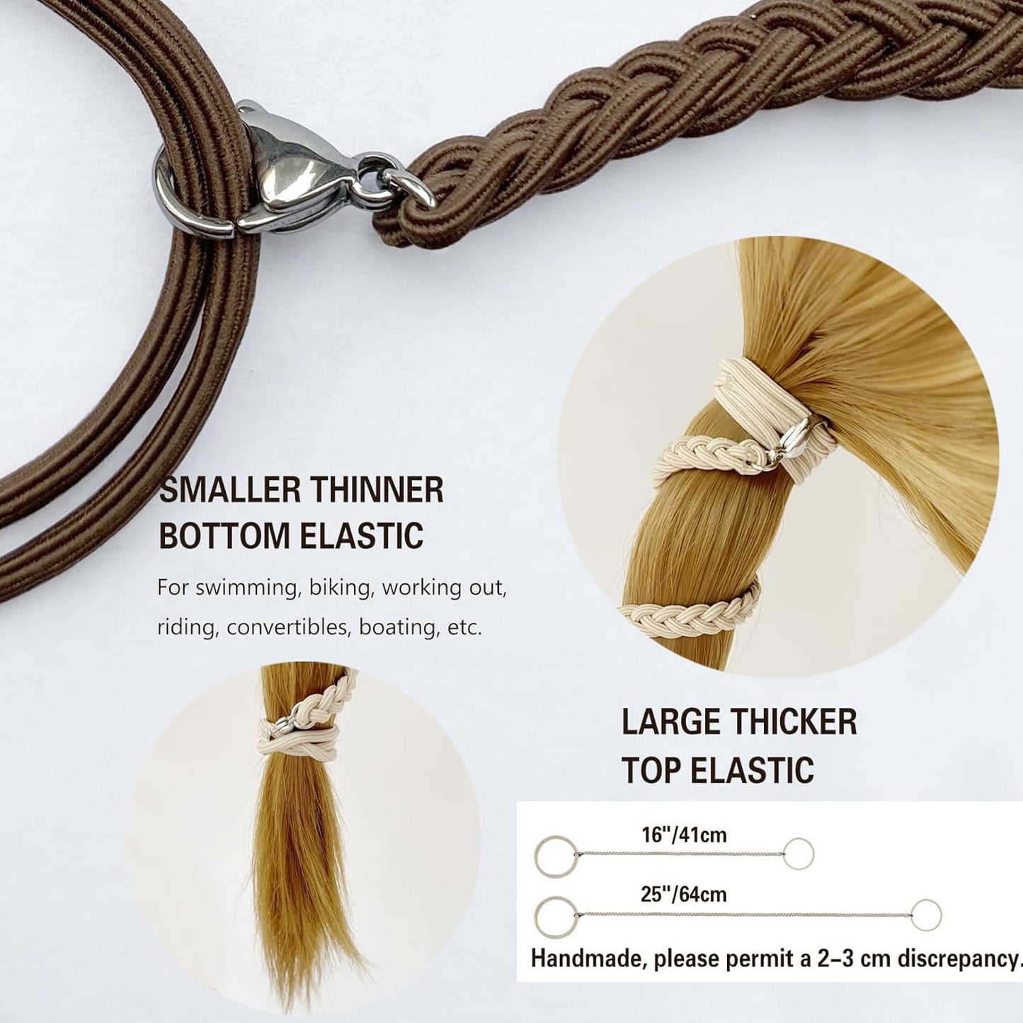 Spiral Hair Tie Sprots Ponytail Holders, 3 Packs 16" Elastic Braided Hair Ties No Damage, Pony Tail Wrap for Long Hair for Gym, Swimming, Diving Black Blonde Brown