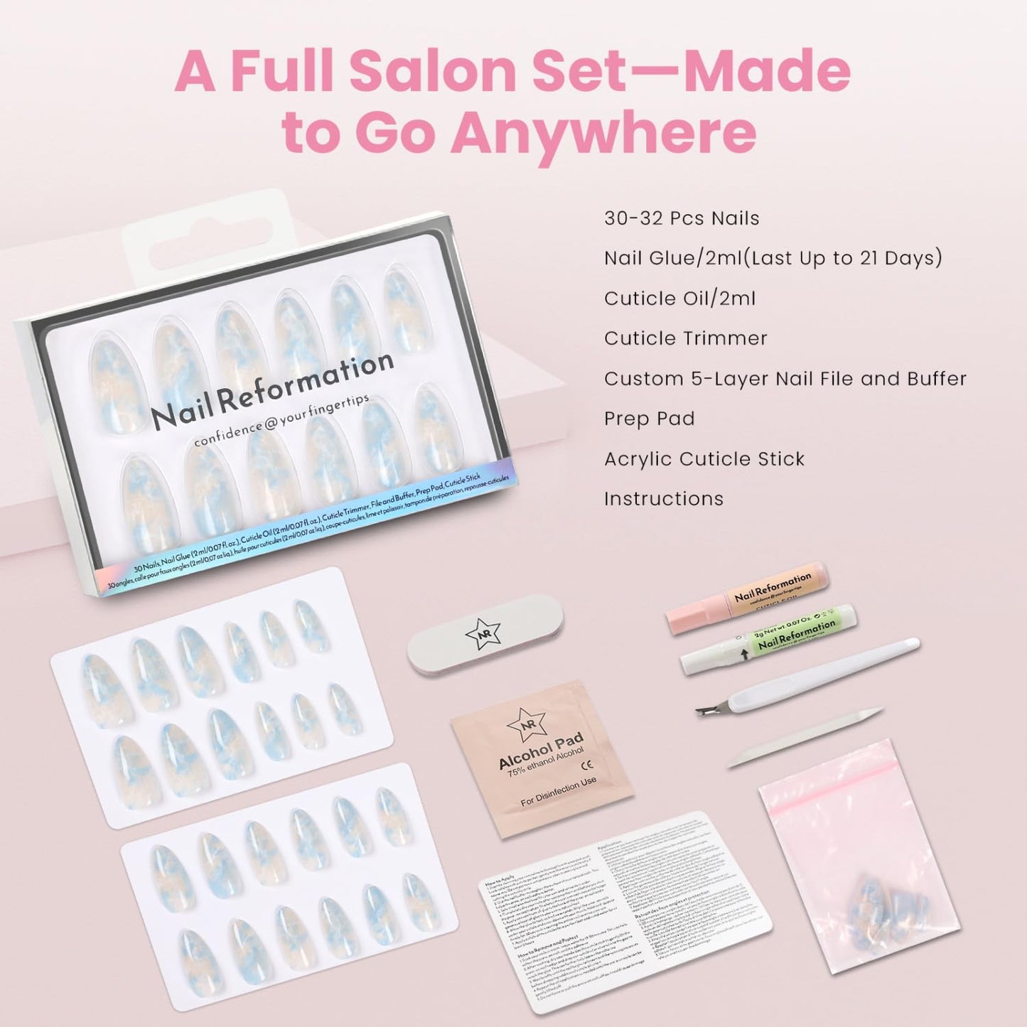 Press On Nails - Marble Dream Pastel Almond Fake Nails | Reusable Glossy Finish in Blue, Pink, White - 30 Nail Kit with Glue, 15 Sizes