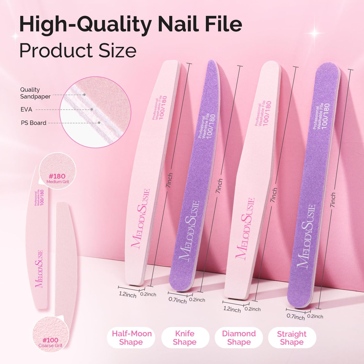 MelodySusie 4Pcs Professional Nail Files 100/180 Grit, Double Sided Emery Boards for Acrylic, Gel and Natural Nails, Manicure Pedicure Shaping Tools for Home Salon, Pink & Purple