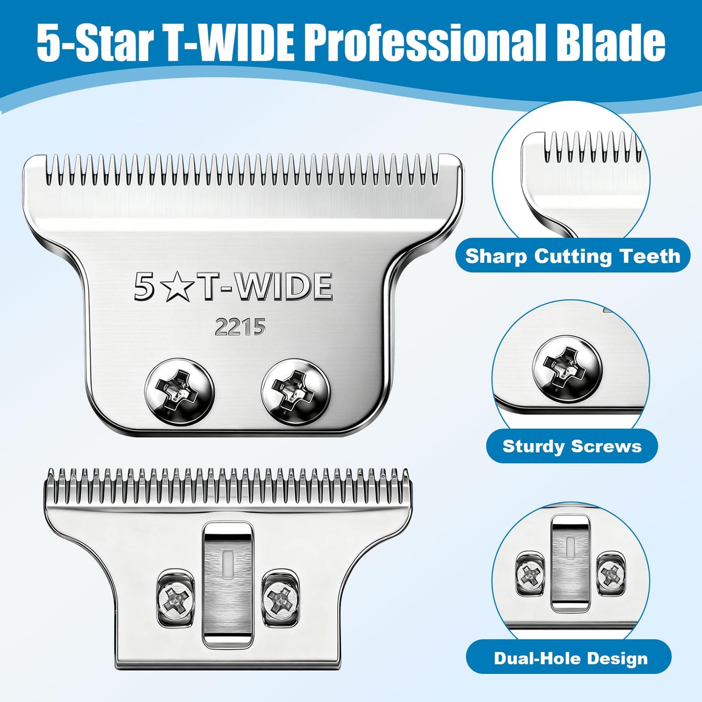 2215 Adjustable Zero-Gap T Blade Replacement for Wahl 5 Star Detailer Li Trimmer Models 8081/8171 (Silver-3pcs)