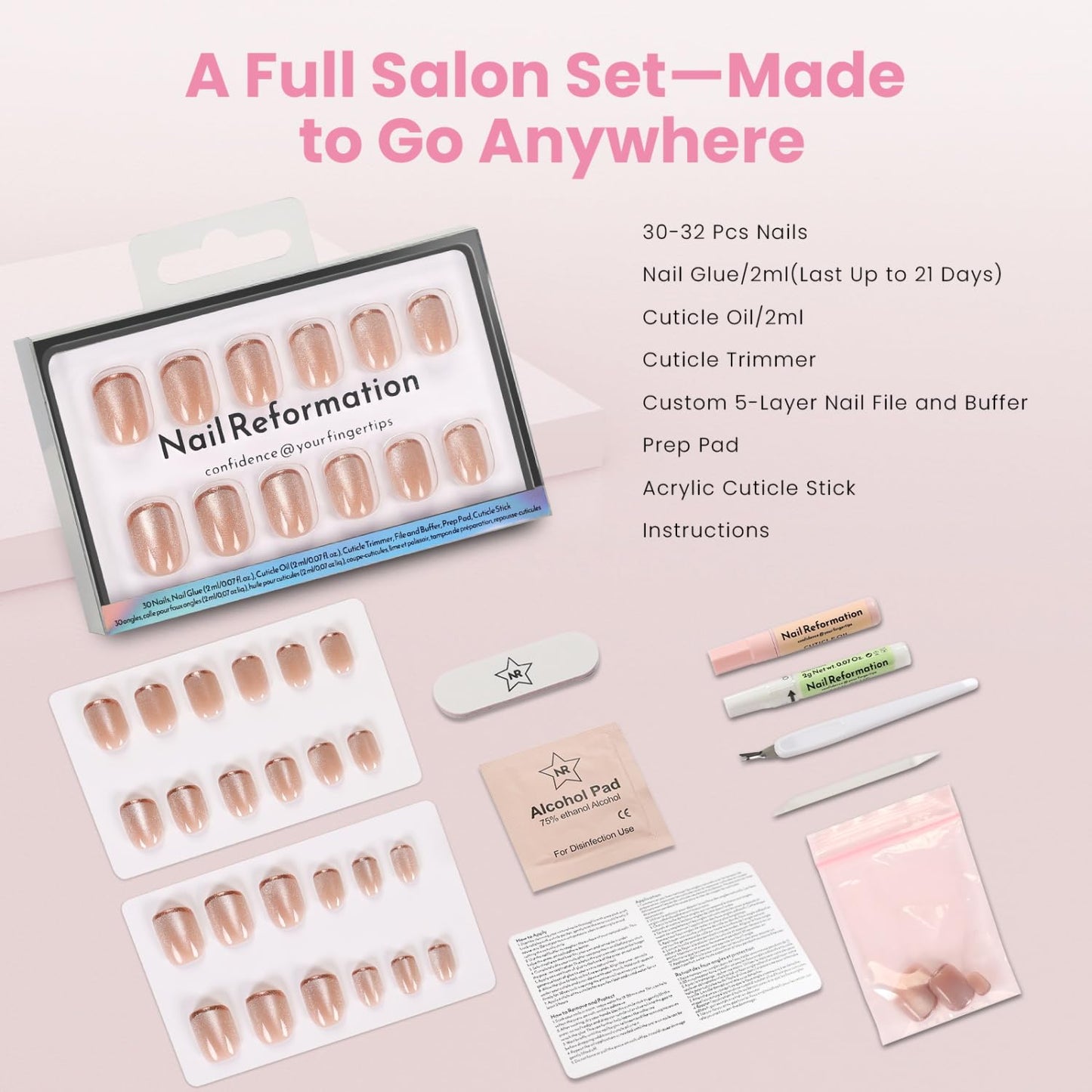 Press On Nails - Shimmer Bright Short Square Fake Nails | Brown French Tip on Neutral Base, Velvet Finish - 30 Reusable Nails in 15 Sizes for Women