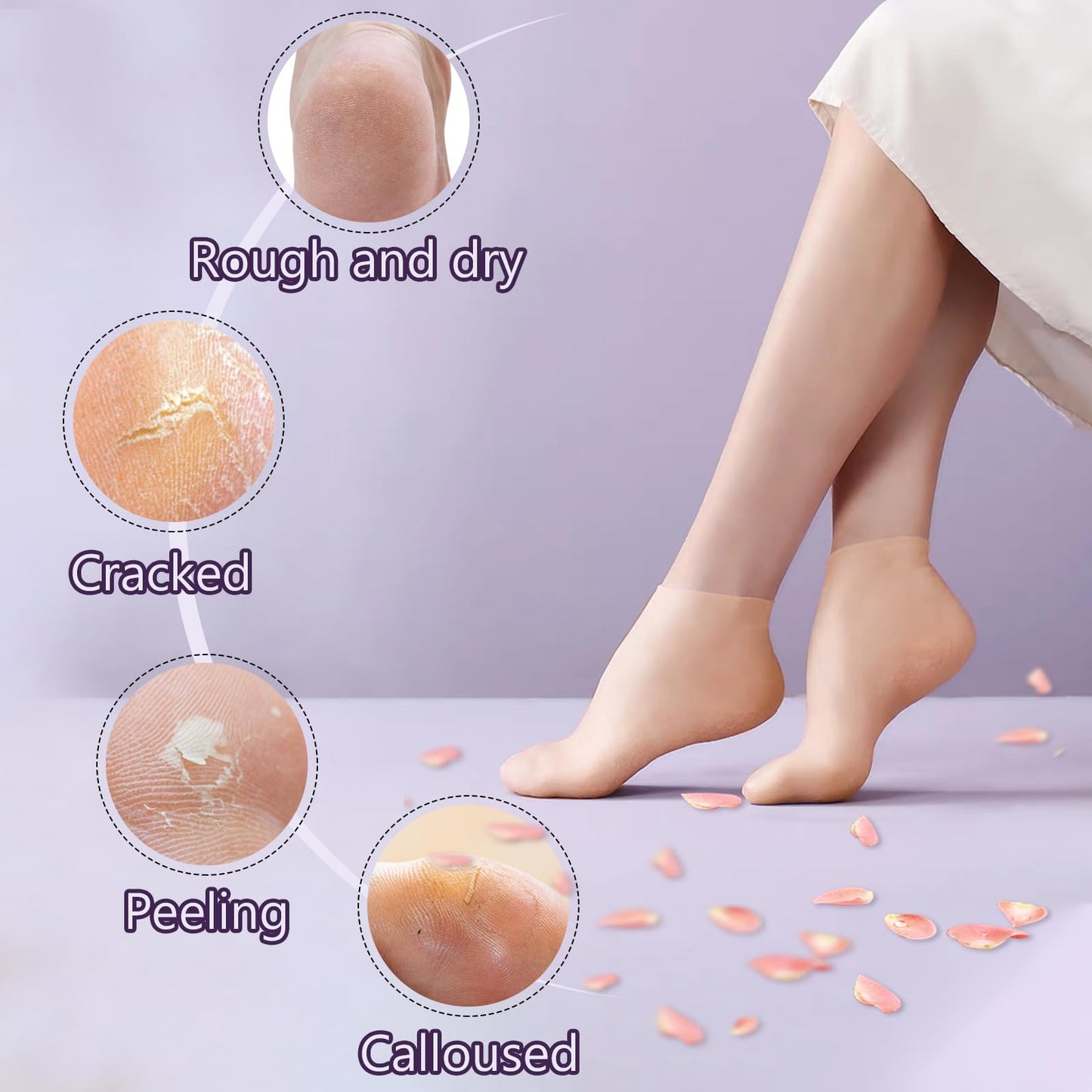 TEAWOO 5 Pairs Silicone Socks for Dry Cracked Feet, Women's Foot Socks for Moisturizing (Beige, Fits Up to Size 9)