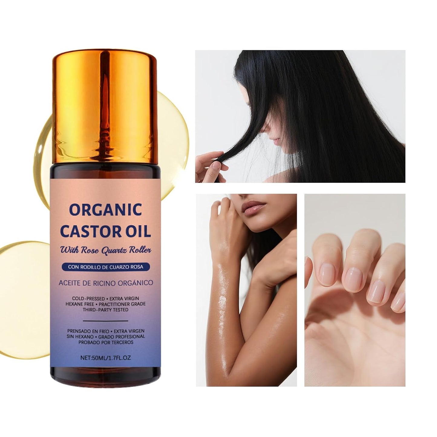Organic Castor Oil Roll-On - 100% Pure Cold-Pressed for Hair Growth, Eyelashes & Skin Moisturization | 50ml with Rose Quartz