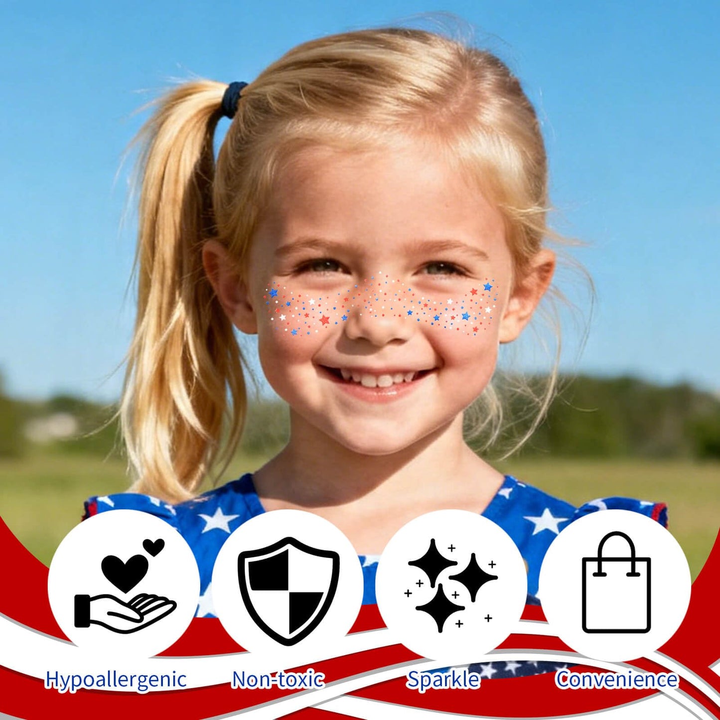 Paminify Red White Blue Glitter Freckles Face Tattoos,Independence Day Patriotic American Flag Star Earrings,4th of July Outfit for Women,Fourth of July Accessories