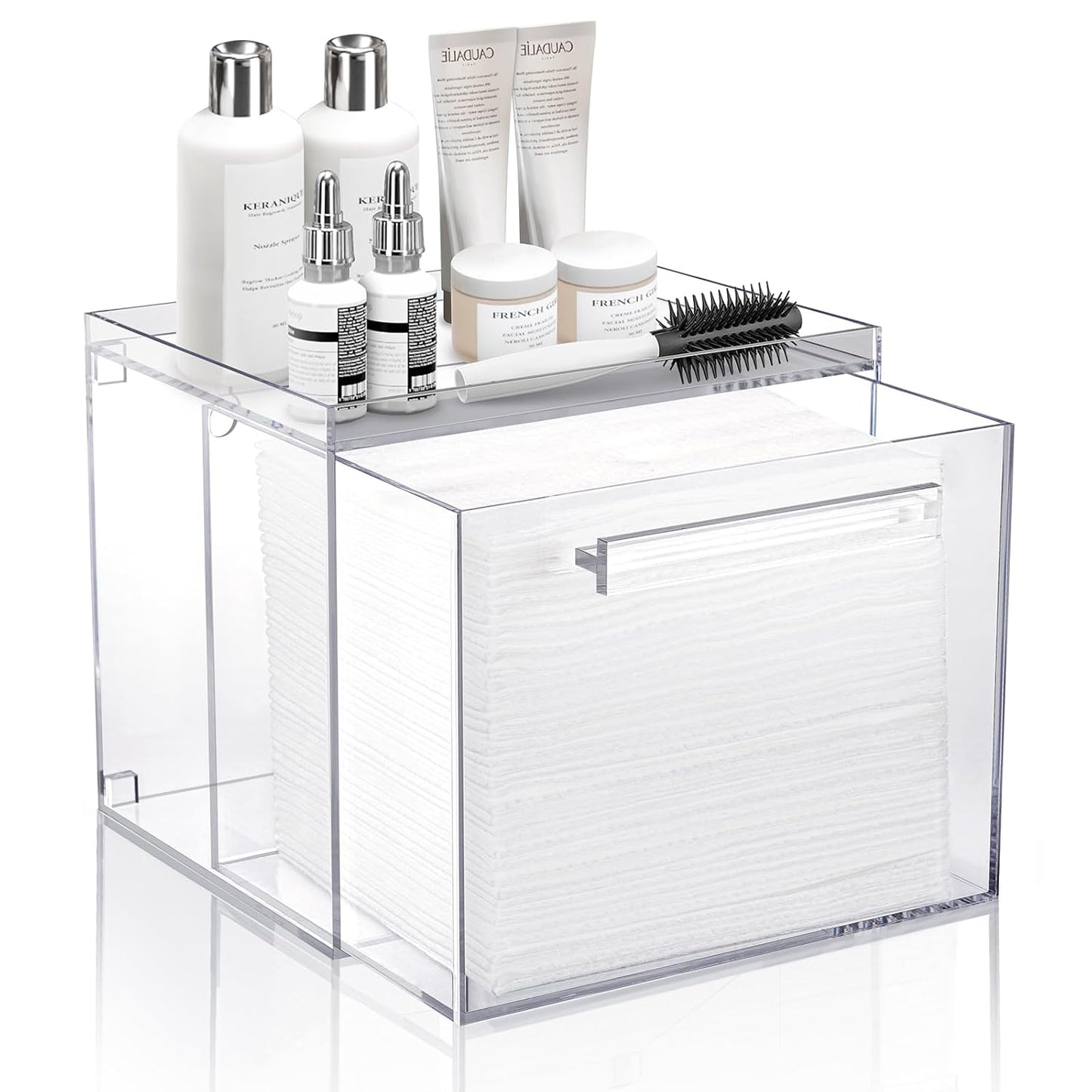 Acrylic Disposable Face Towels Holder - Wall-Mounted Clear Storage Box for Bathroom Vanity | Organizer with Drawer for Clean Skin Club Towel XL