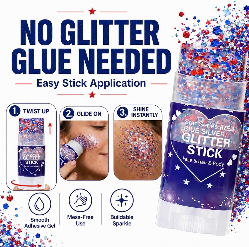 Patriotic Hair Glitter Stick - Red, White & Blue Face & Body Glitter for 4th of July | Waterproof Makeup for Independence Day Celebrations