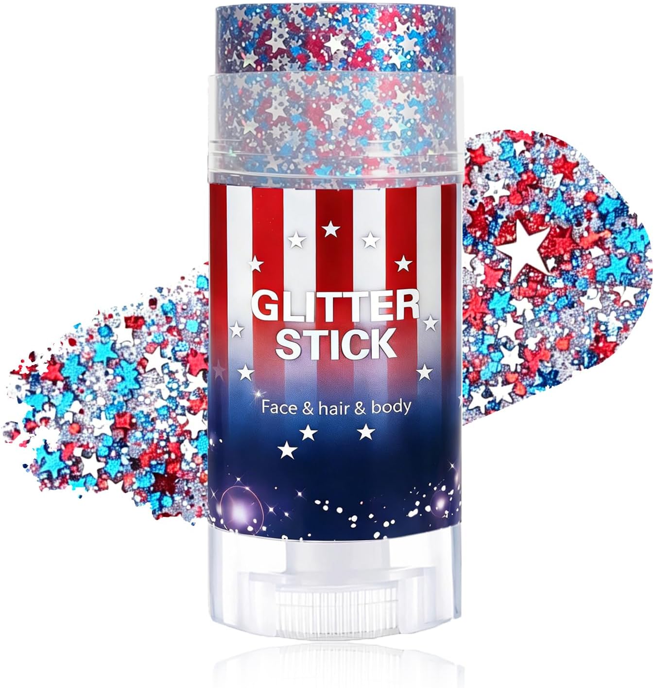 Patriotic Body Glitter Stick - 4th of July Sparkling Face & Hair Makeup | Waterproof Red, White & Blue Glitter