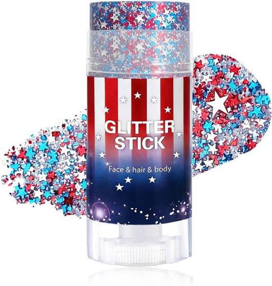 Patriotic Body Glitter Stick - 4th of July Sparkling Face & Hair Makeup | Waterproof Red, White & Blue Glitter