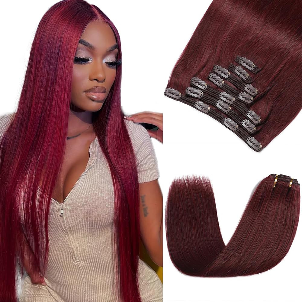 #99J Burgundy Clip in Hair Extensions, 12 Inch 120g/7Pcs,Full Shine Remy Human Hair,Wine Red Straight Clip ins Brazilian Virgin Human Hair Extensions