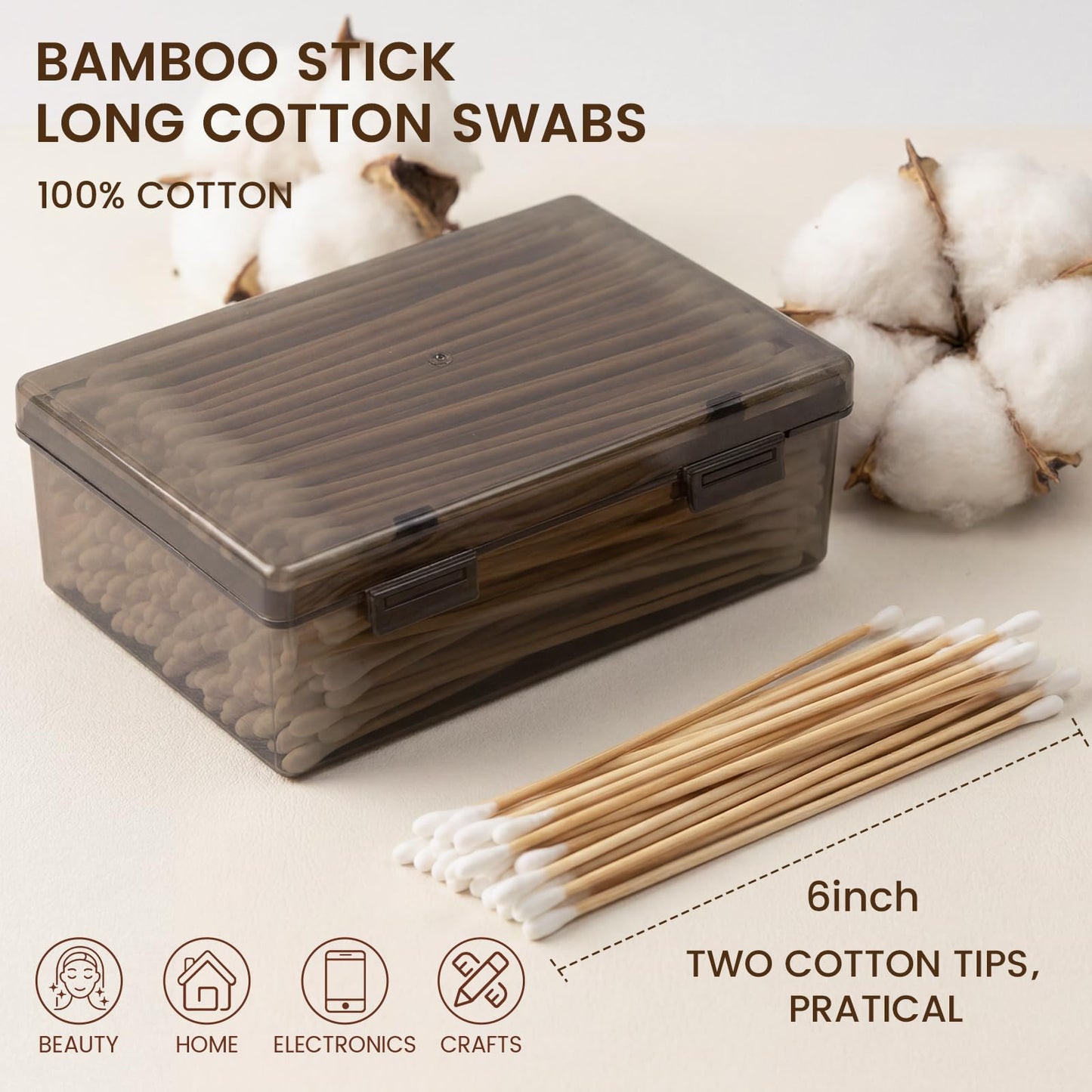 OwnWise Double Tipped Long Cotton Swab 300 Count in Storage Box, 6 Inch Cotton Swabs with Bamboo Sticks, Wooden Cotton Tipped Applicators for Makeup, Home