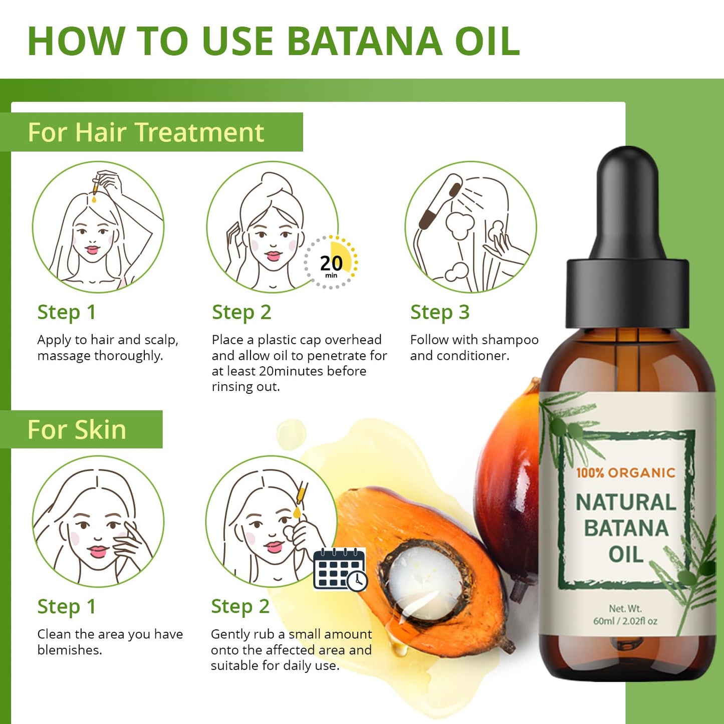 Batana Oil for Hair Growth – Dr Sebi Honduran Hair Oil for Thicker, Stronger Hair, Repairs Split Ends & Dry Scalp, Supports Hair Regrowth for Men & Women, Natural Hair Moisturizer (2.02 fl oz)