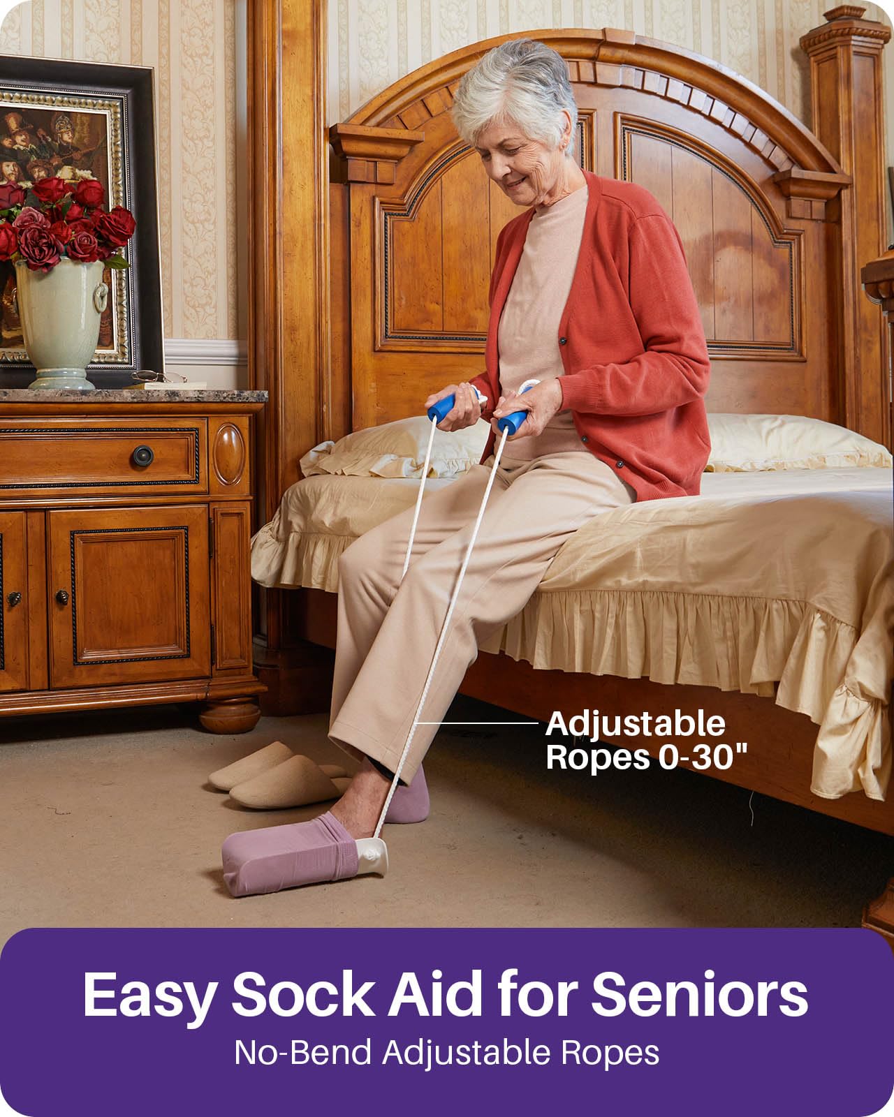 KEKOY 4INCH Sock Aid for Putting on Socks, Sock Assistant Device No Bending with Foam Handles & Long Rope, Sock Helper/Puller Aid Easy Put on for Seniors, Disabled, After Surgery Recovery(White)