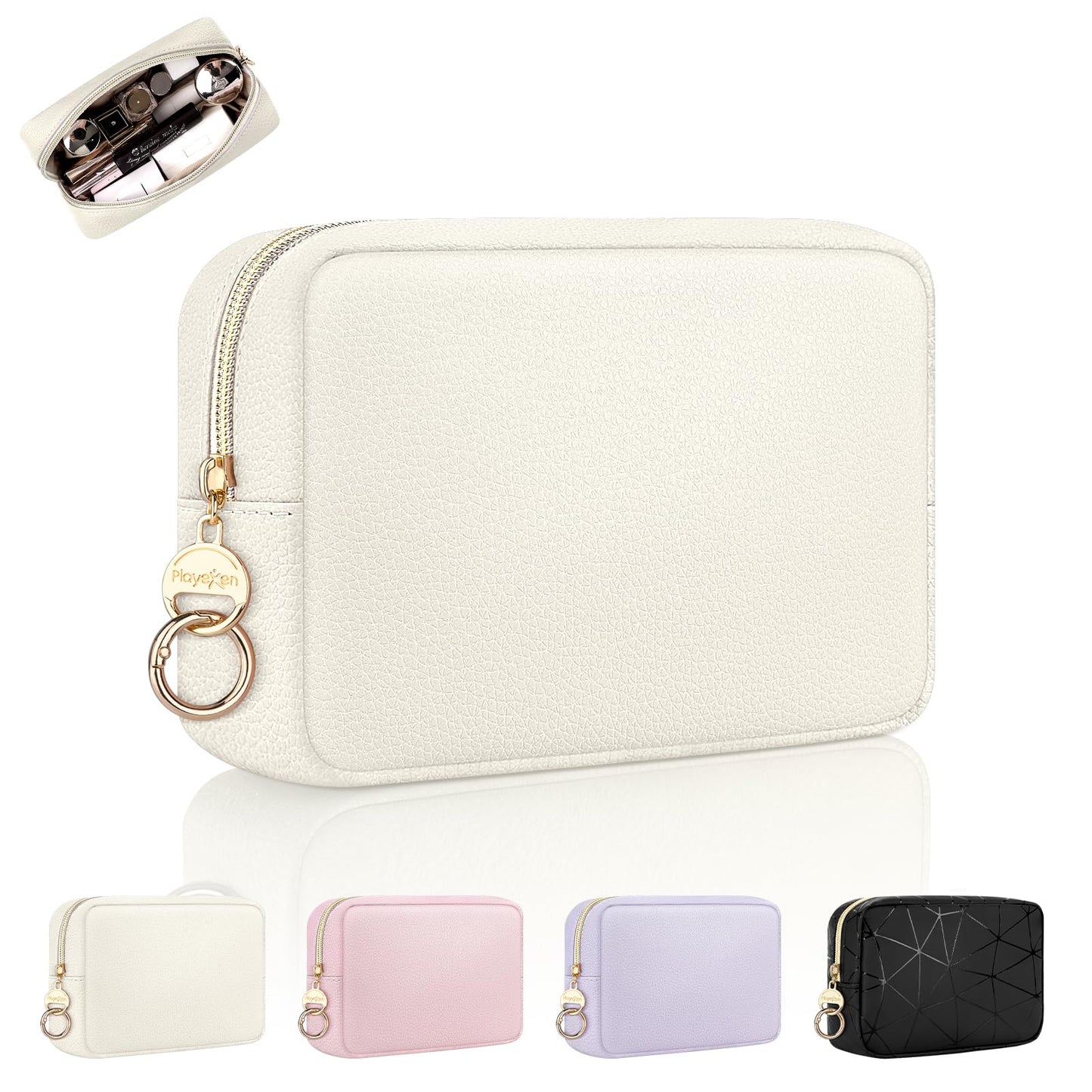 Playexen Small Makeup Bag for Purse, Multi Pockets Cosmetic Bag, PU-Beige