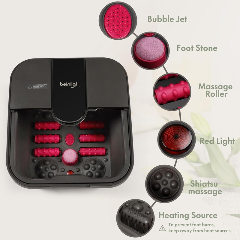 Collapsible Foot Spa Bath - Heat, Bubble & Massage Rollers | Tea Tree Oil & Epsom Salt Soak, Red Light, Pumice Stone