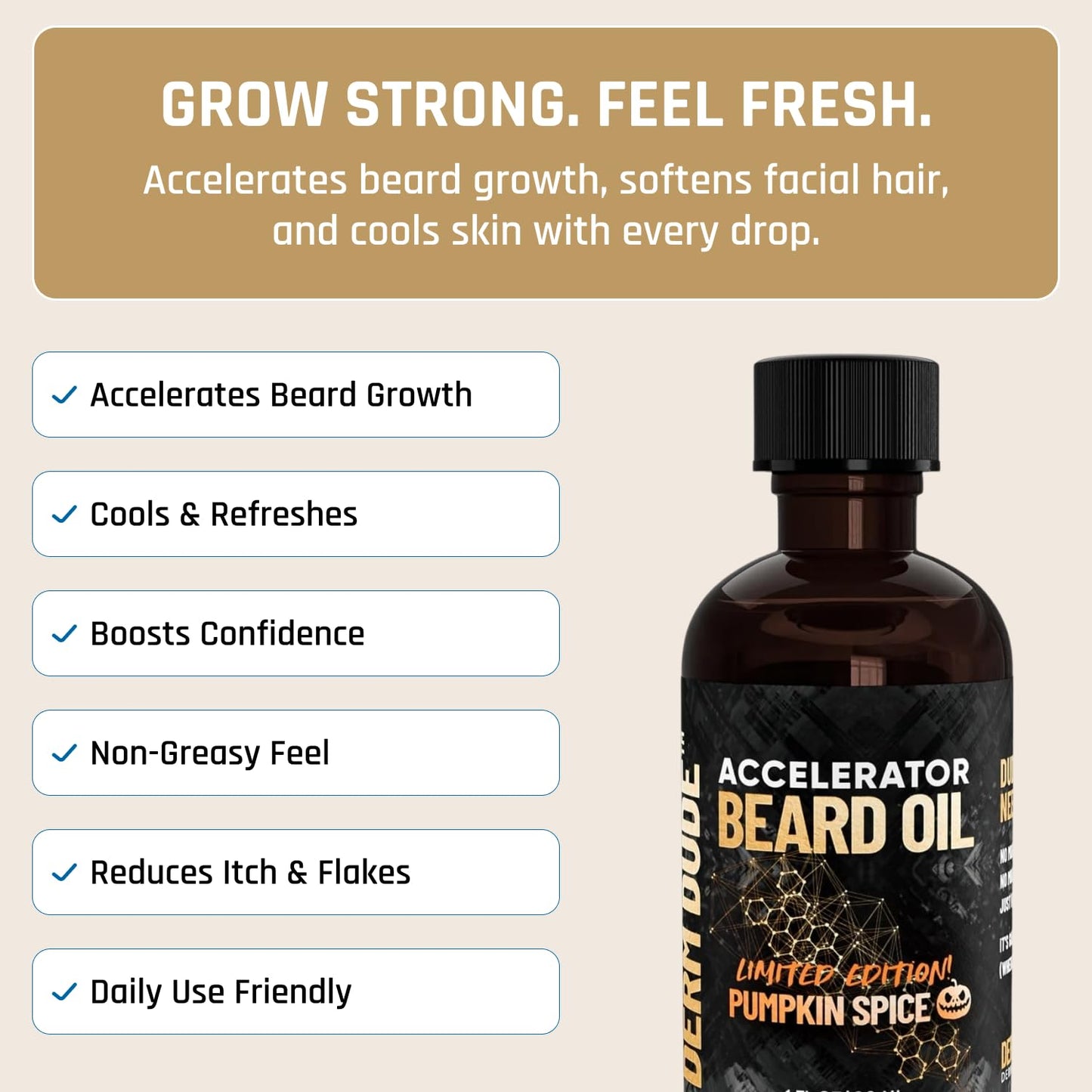 Derm Dude Accelerator Beard Growth Oil for Men | With Castor Oil & Jojoba Oil for Hair Growth | Promotes Thicker Fuller Beard | Hydrate & Soften Facial Hair, Non-Greasy - Pumpkin Spice 1oz