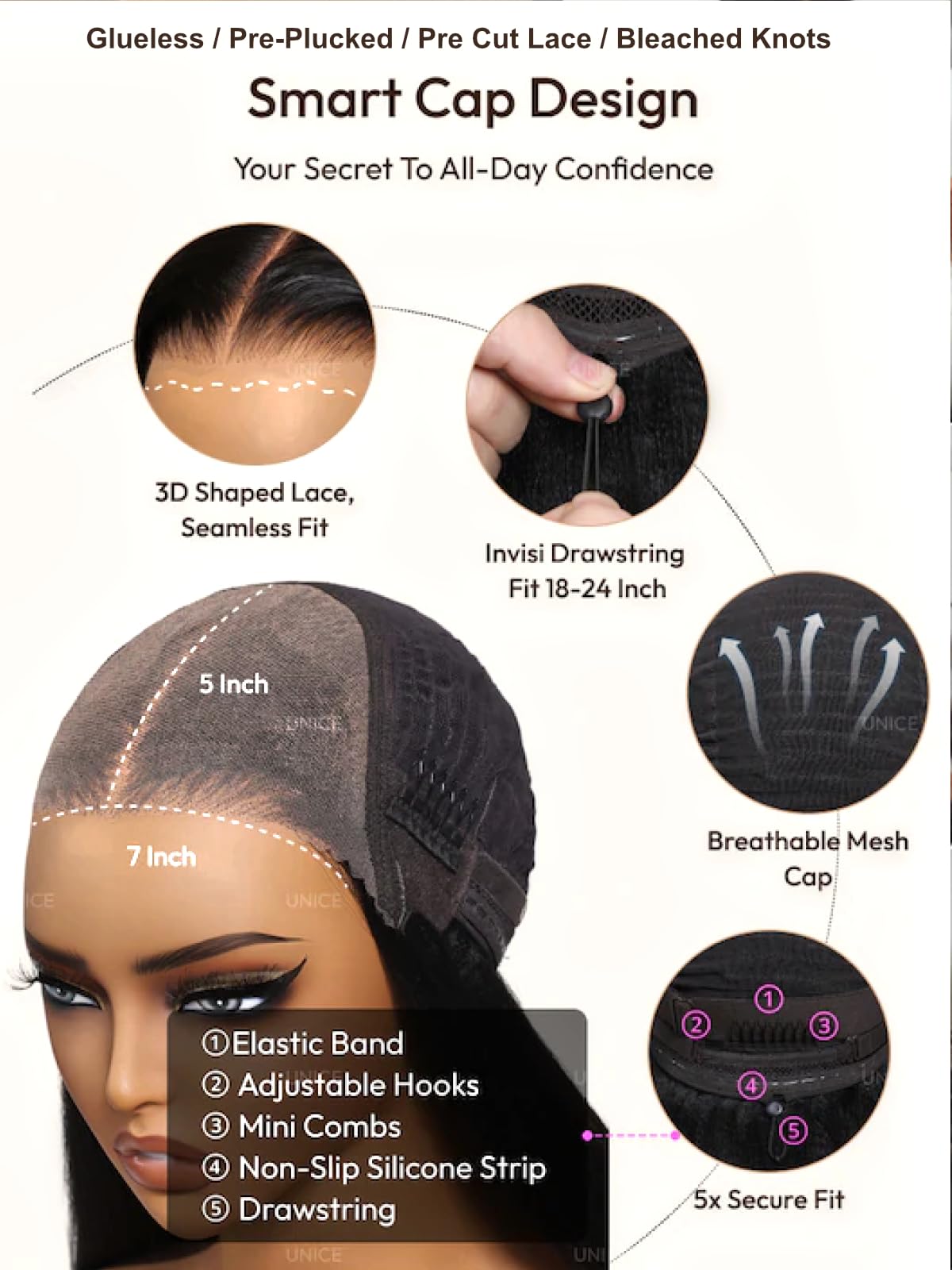 UNICE Body Wave Human Hair Wig with Wispy Bangs, Glueless 7x5 Lace Front Wig Pre Cut Pre Plucked Bleached Knots, Beginner Friendly Ready to Wear Drawstring Wig, Natural Black 180% Density 22 Inch