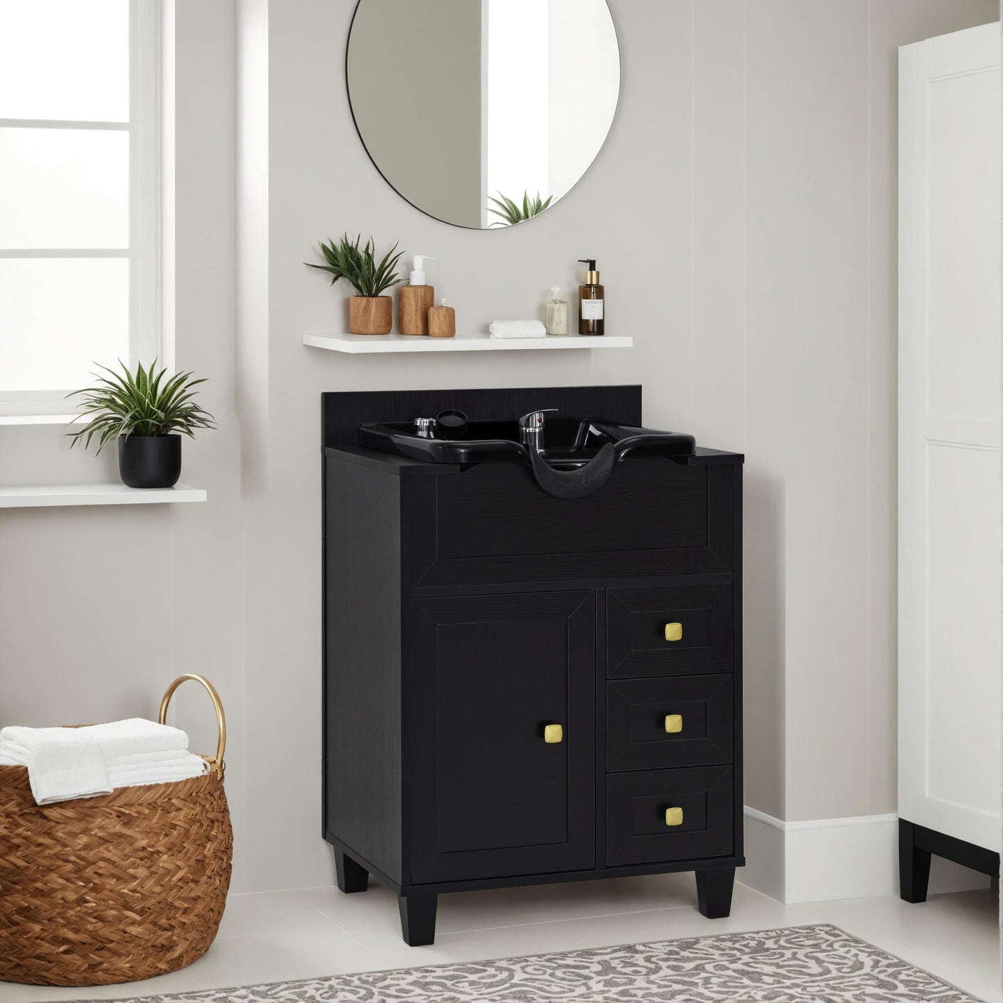 BarberPub Barber Storage Shampoo Station, Spa Textured Embossed Cabinet with Shampoo Bowl & Drawers, Hair Salon Sink Backwash Equipment 7131 (Black)