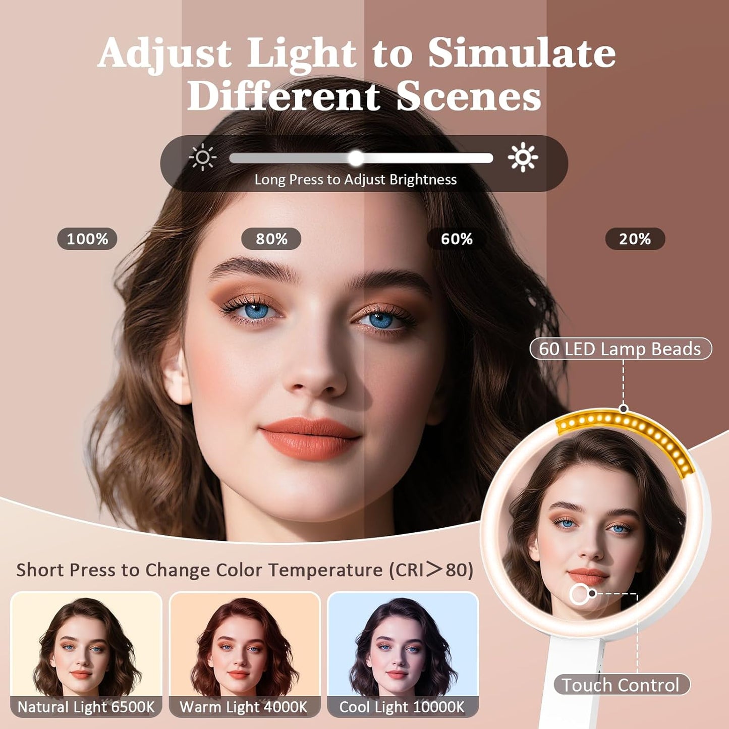 Travel Makeup Mirror with Lights - 15X/1X Double-Sided LED Magnifying Mirror | Portable, Dimmable Touch Control, 3 Color Lighting