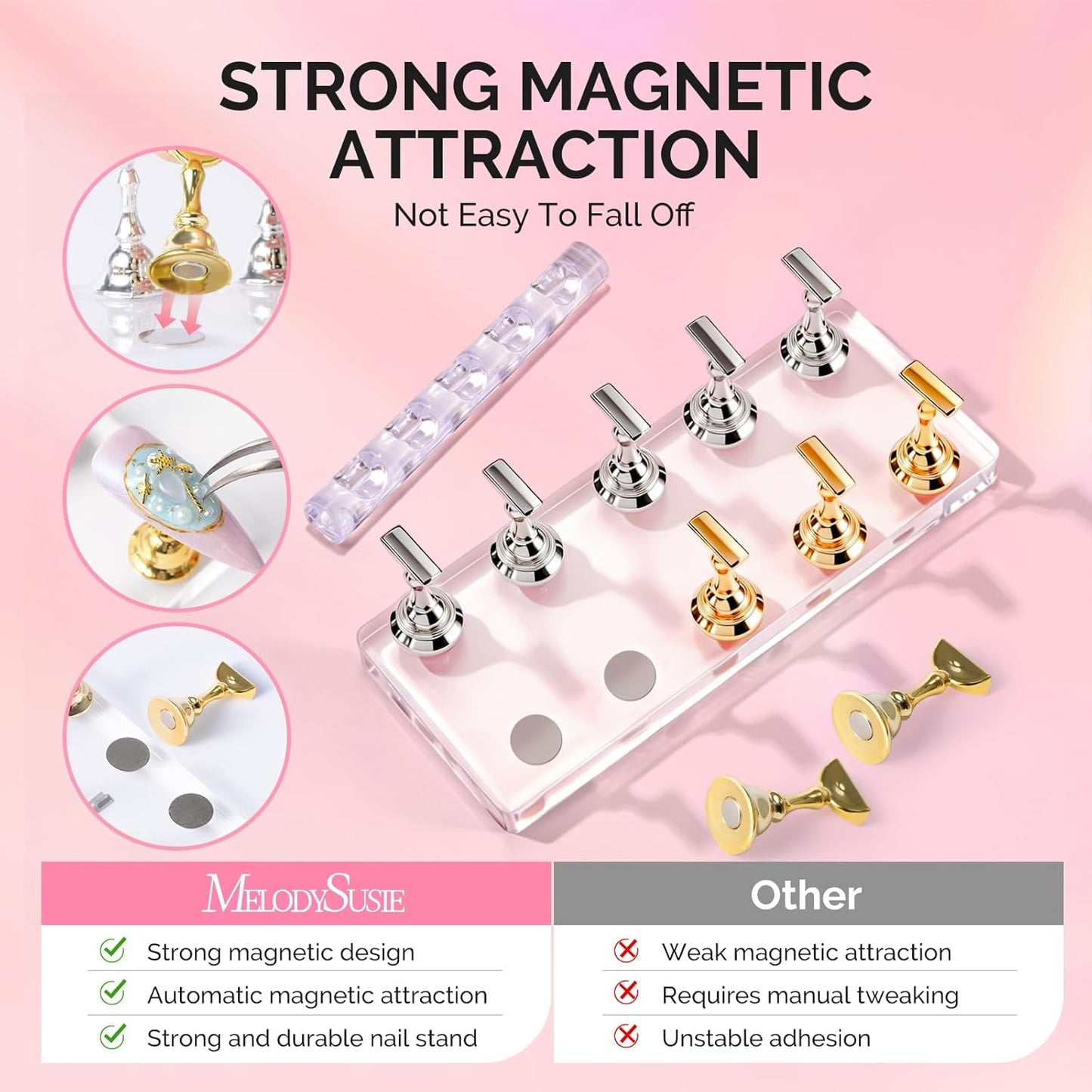 Nail Stand for Press Ons - Big Transparent Acrylic Base with Brush Holder & 100 Pcs Reusable Double-Sided Tape | DIY Salon Supplies