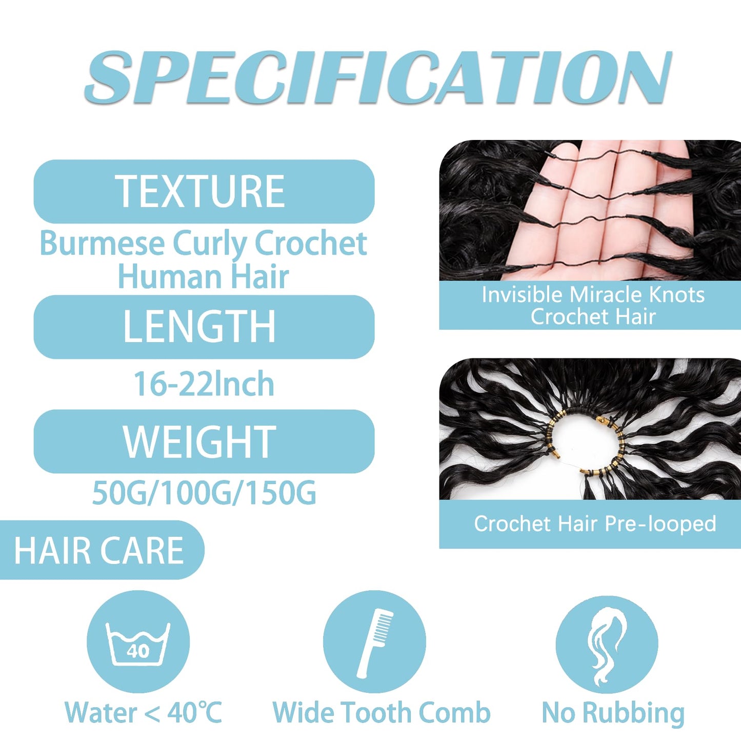 Burmese Curly Crochet Human Hair 16 Inch 50g Knotless Pre-Separated Feather Crochet Human Hair,Time-Saving,Lightweight Reusable Miracle Knots Hair With Spiral Curl for Black Women Natural Black Color