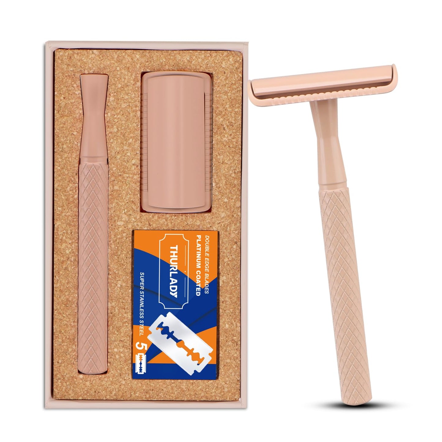 THURLADY Beige Safety Razor, Single Blade Razors for Women, Reusable Metal Razor, with 5 Stainless Steel Double Edge Blades, Smooth Close Shave, Sustainable, Plastic Free