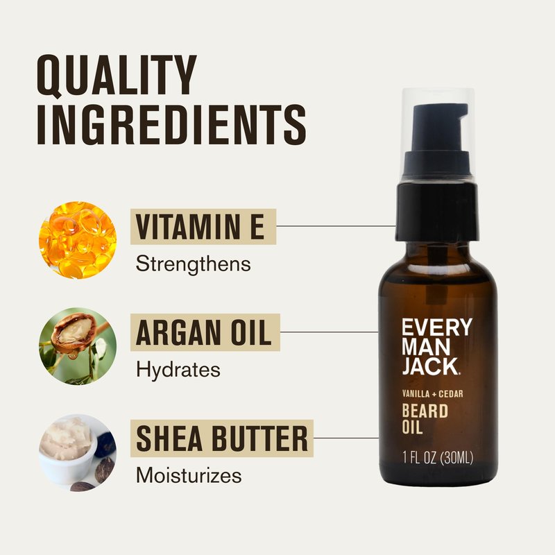 Every Man Jack Mens Beard Oil - Vanilla + Cedar Fragrance - Deeply Moisturizes and Softens Your Beard and Adds a Natural Shine - Naturally Derived with Shea Butter and Argan Oil - 1 fl oz (2 Pack)