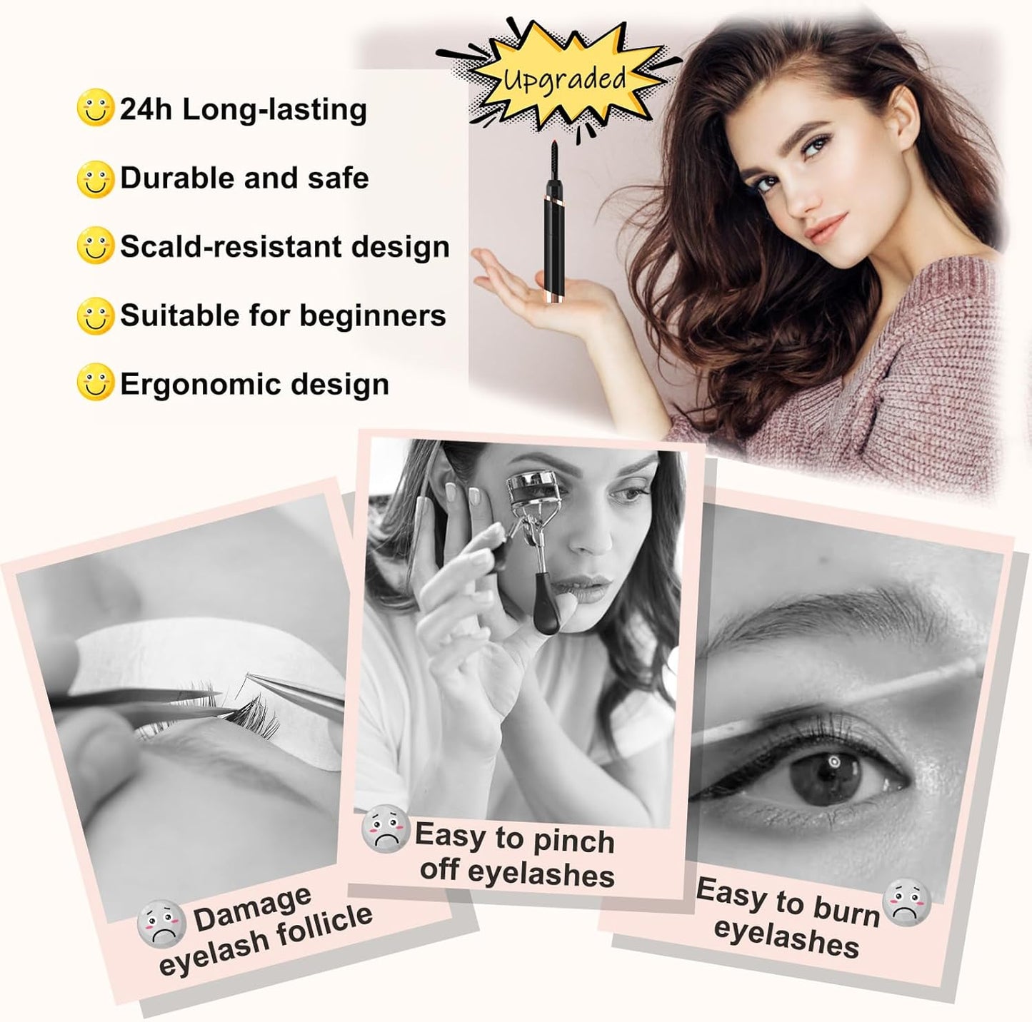 Heated Eyelash Curler - Electric Rechargeable Lash Curler for Natural Curling | 24-Hour Long-Lasting Black Model
