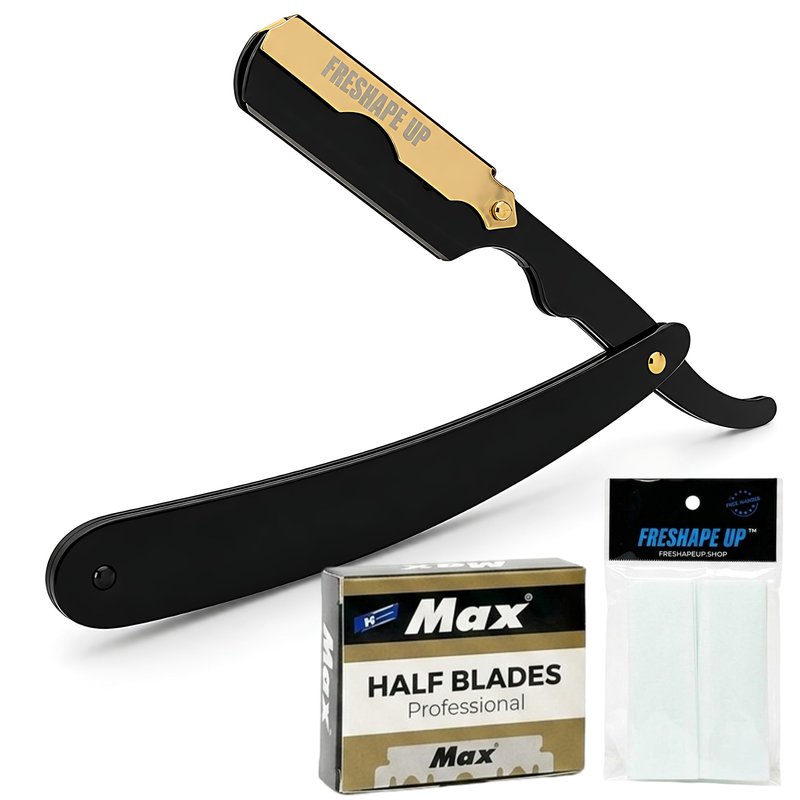 Freshape Up Professional Single Blade Razor for Men – Barber Straight Razor Safety Kit with 100 Single Edge Straight Razor Blades (4.4 cm) & 10 Hairline Wipes for Precise Shaving (Black & Gold)