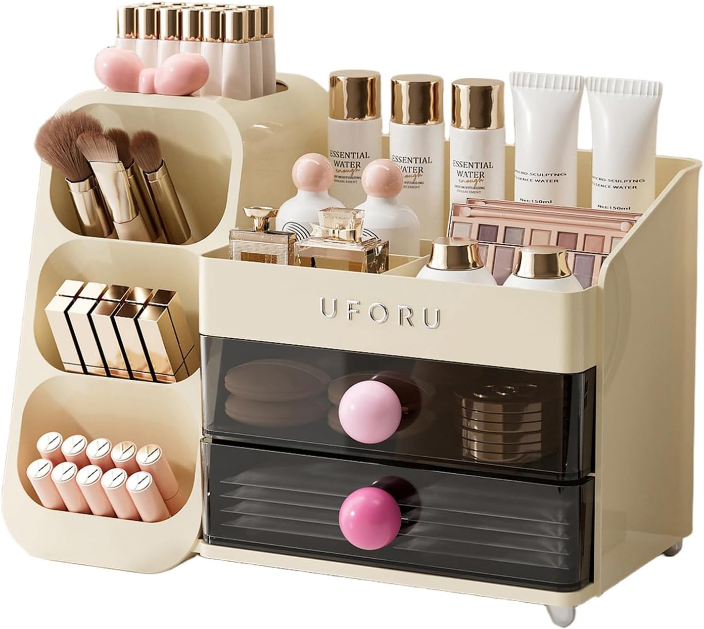 Makeup Organizer for Vanity - Large Capacity Skincare & Cosmetic Display Case with 2 Drawers | Brush Holder & Perfume Storage