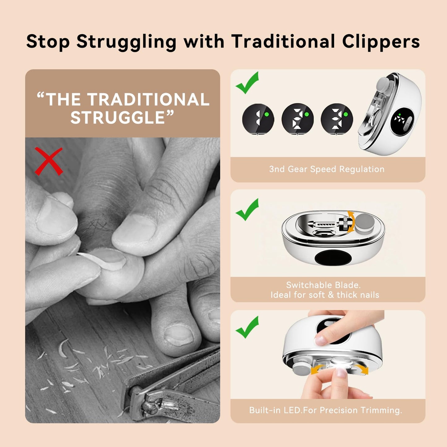 Electric Nail Clipper for Seniors & Adults - Dual-Blade 3-in-1 Automatic Nail Trimmer for Thick Nails with LED Light, Quiet 3-Speed Rechargeable Cutter with Debris Storage