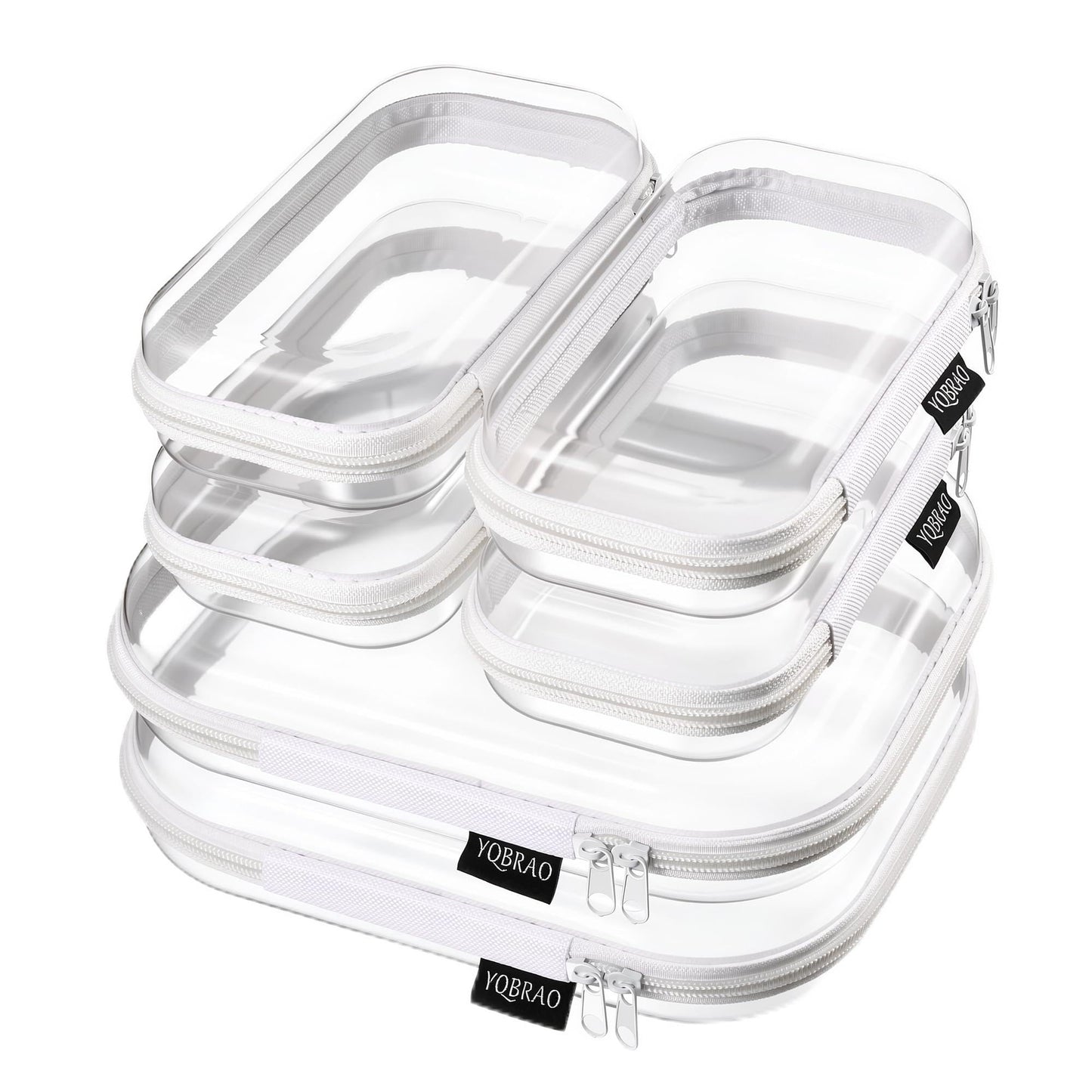 YQBRAO 6 Pack Clear Hard Shell Beauty Organizer (2M+4S), 1.2mm Crush-Proof Cosmetic Case, Reinforced YKK Zippers, Stadium Approved Security Bag for Skincare, Toiletries & Electronics, Multi-Size Set