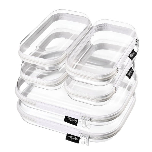 YQBRAO 6 Pack Clear Hard Shell Beauty Organizer (2M+4S), 1.2mm Crush-Proof Cosmetic Case, Reinforced YKK Zippers, Stadium Approved Security Bag for Skincare, Toiletries & Electronics, Multi-Size Set