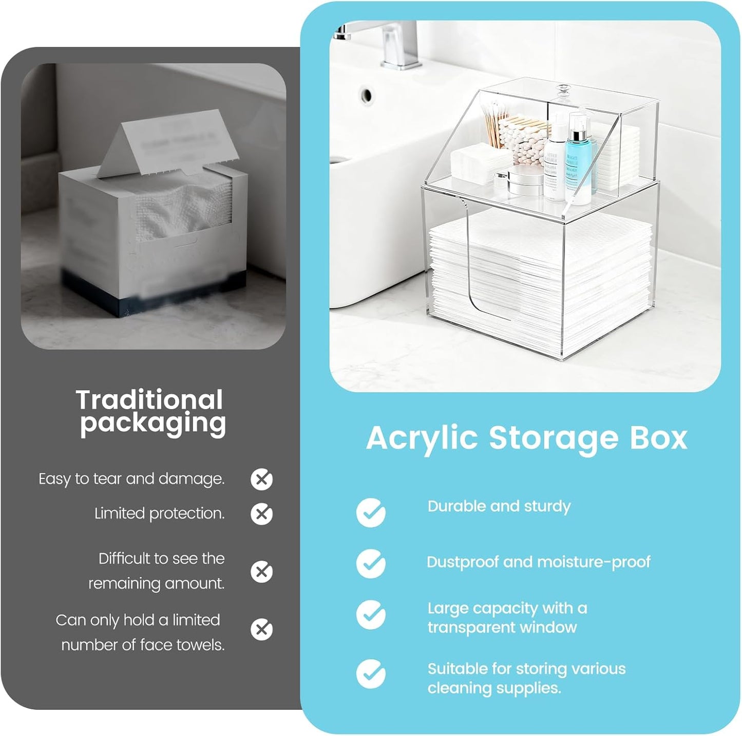 Face Towel Storage Box - 3-in-1 Detachable Holder for Cleaning Accessories | Clear Acrylic, Holds 50 Towels
