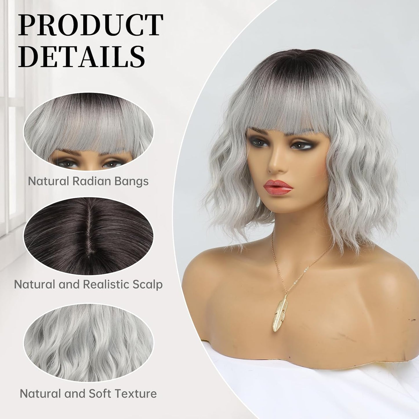 Ombre Grey Wavy Bob Wig for Women - Short Synthetic Hair with Bangs | 14 Inches, Dark Roots