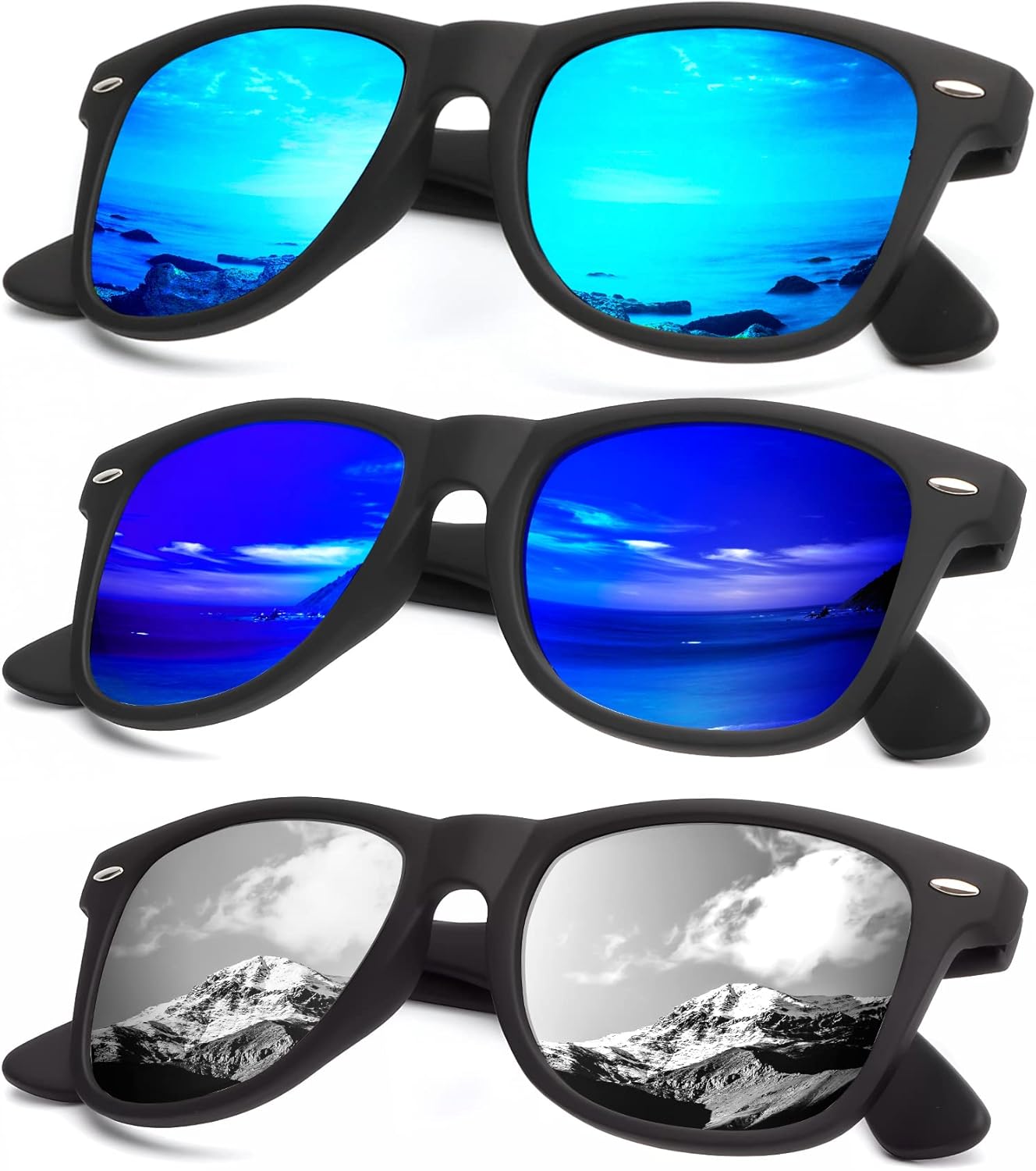 KALIYADI Polarized Sunglasses - Matte Finish, UV Blocking, Color Mirror Lenses | 3-Pack for Men & Women