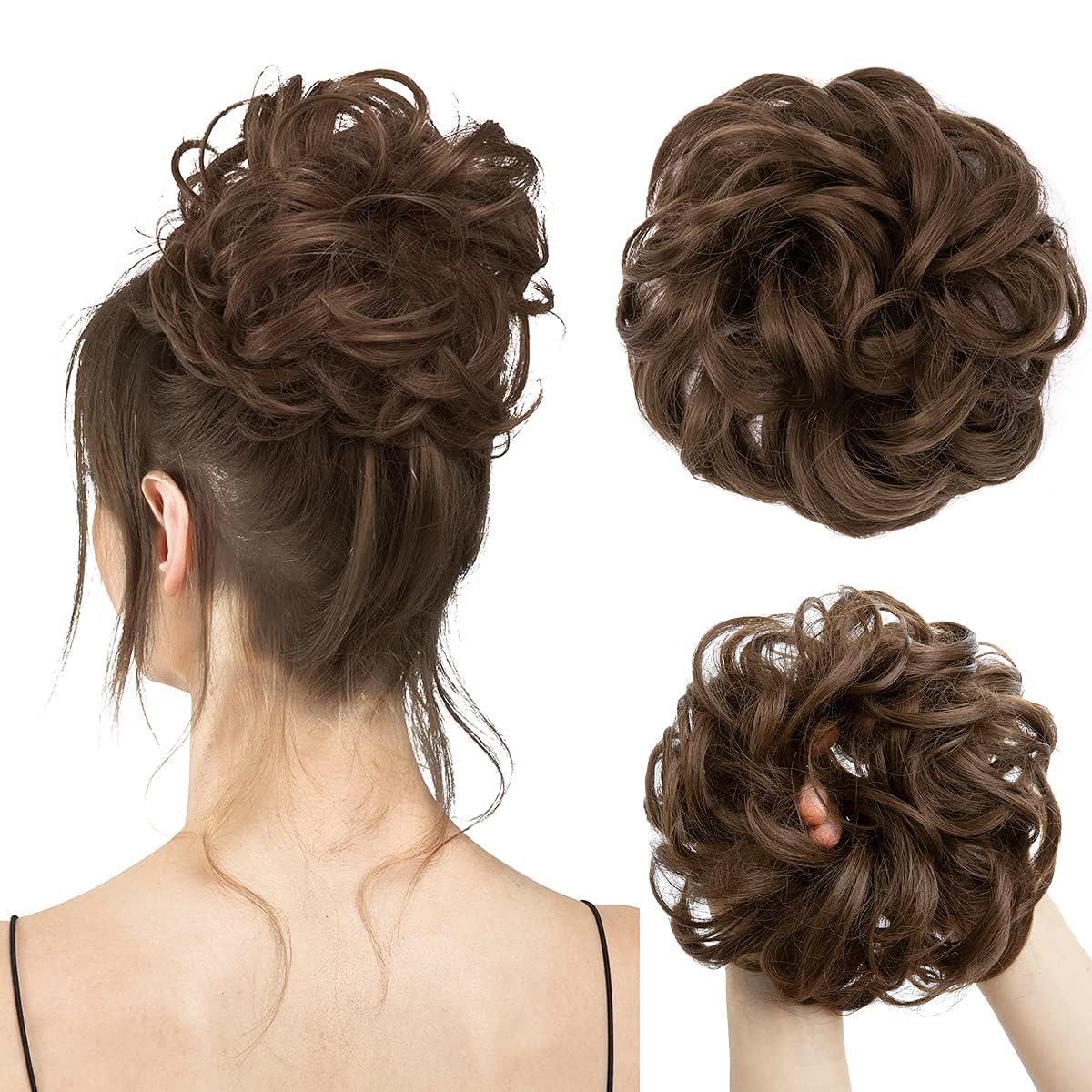 Large Messy Bun Hair Piece - Wavy Curly Synthetic Ponytail Extensions | Thick Updo in Pecan Blonde