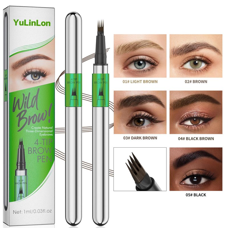 YuLinLon 4-Tip Eyebrow Pen, Waterproof Micro-Fork Tip Brow Tattoo Pen, Natural 3D Effect, Long Lasting Smudge-Proof Formula, 1ml (03# DARK BROWN)