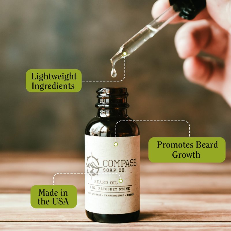 Compass Soap's Petoskey Stone - Natural Beard Oil for Men | Beard Oil for Nourishment and Hydration | Infused with Wild Cypress, Frankincense & Amber | Best Beard Growth Oil for Men | 1 fl. oz.