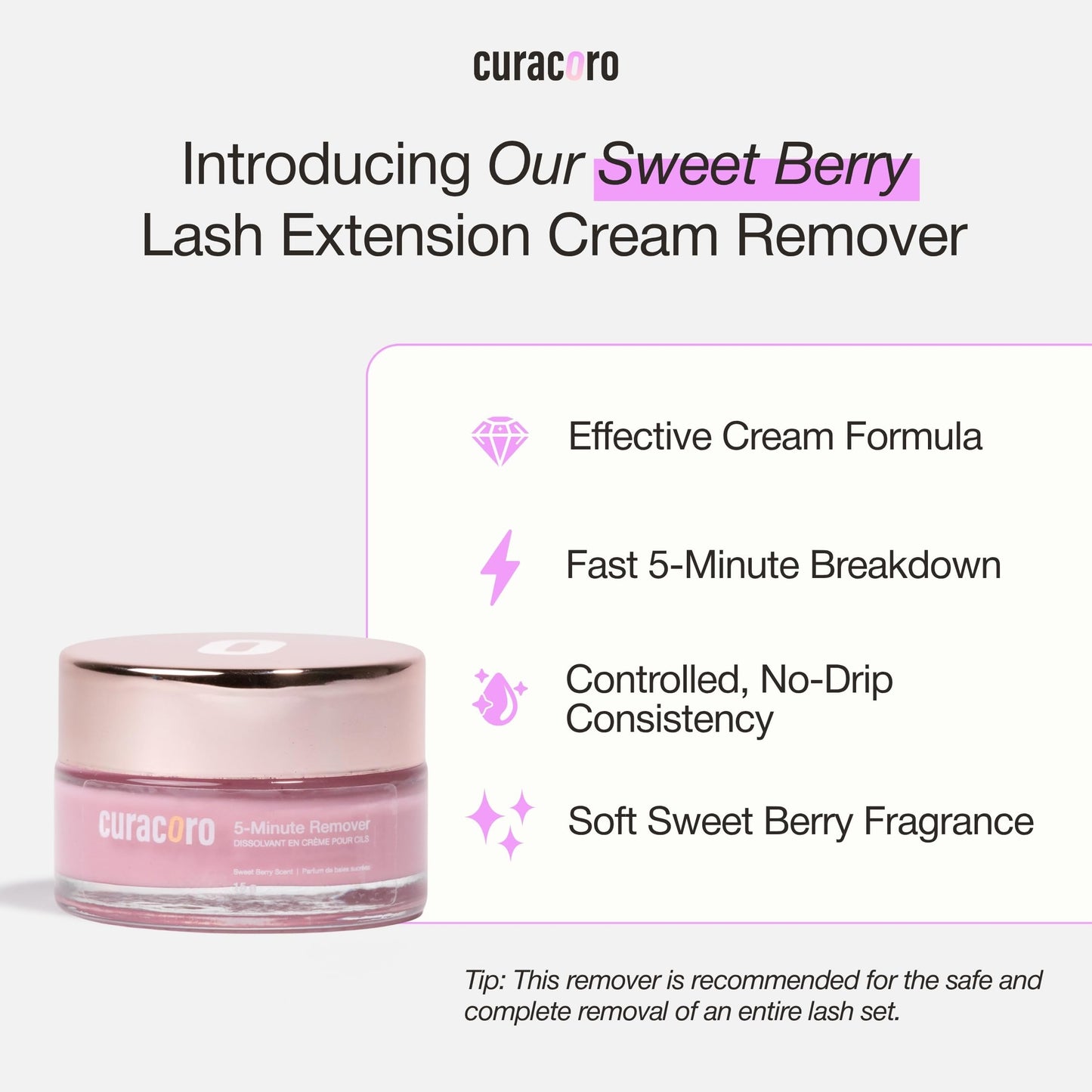 CURACORO Lash Cream Remover for Lash Extensions 15g, Dissolves Powerful Eyelash Extension Glue, Low Irritation Cream for Sensitive Skin (Sweet Berry Scent)