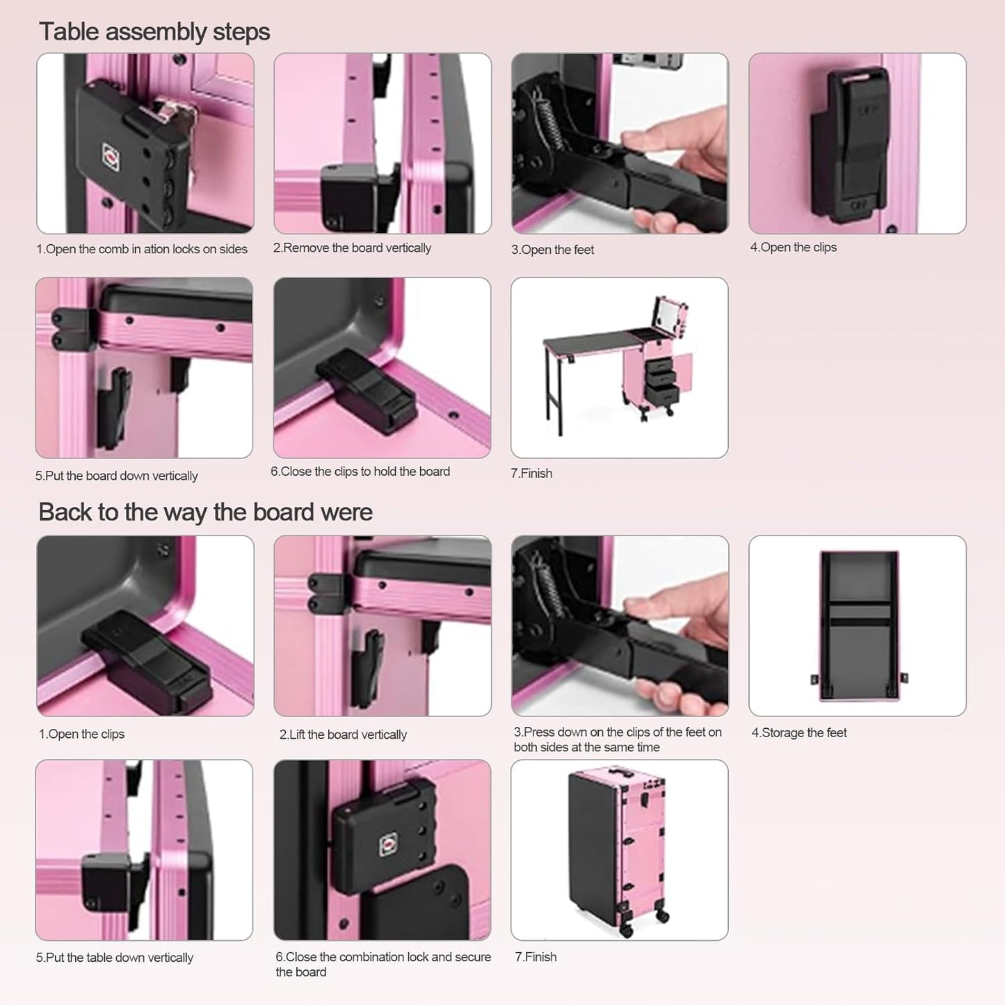 Portable Rolling Manicure Table - Foldable Nail Desk with Storage & Adjustable Light | Pink, 3 Drawers