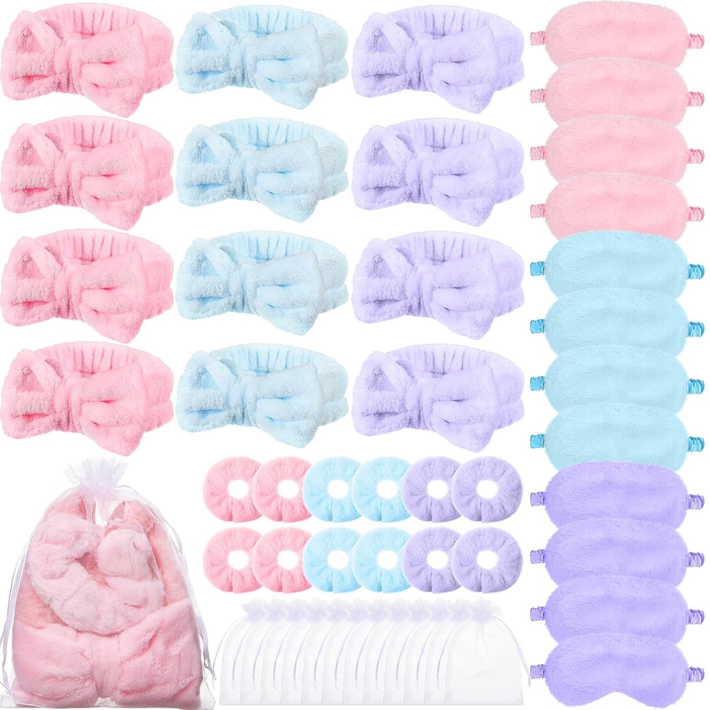 Mimorou Spa Party Supplies Set - 48 Pieces with Headbands, Eye Masks & Scrunchies | Pink, Blue, Purple