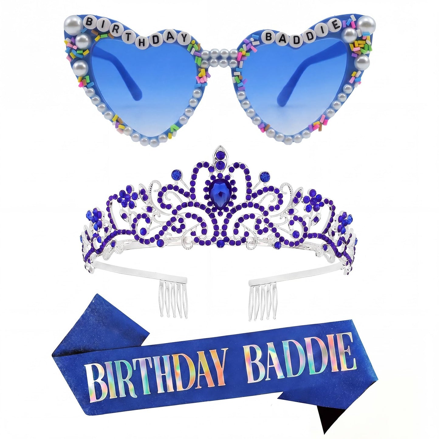 PcwBcn Birthday Baddie Glasses, Dark Blue Birthday Queen Sash Tiara Crown for Women Girls, 3 Pcs Elegant Princess Headband Hair Accessories Happy Birth Party Decorations 21st-90th Mom Birth Gifts